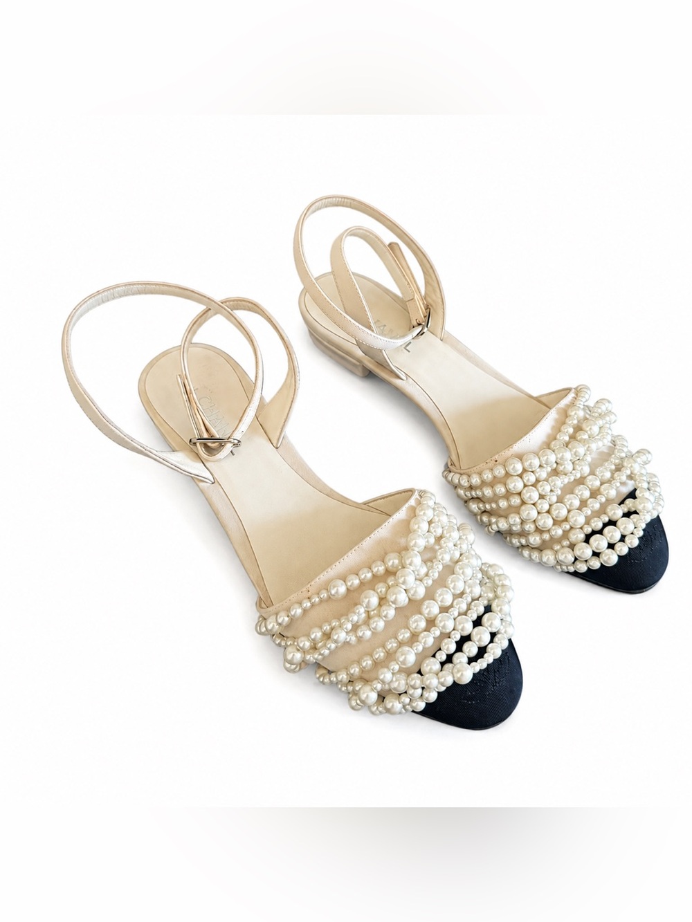 CHANEL Beige and Black Pearl-Embellished Slingback Sandals